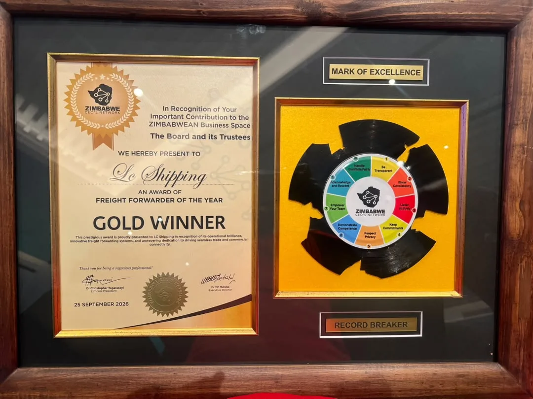 LC Shipping Gold Winner certificate — Freight Forwarder of the Year, Zimbabwe CEO’s Network